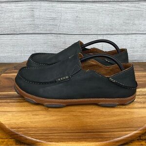 OluKai Moloa Black Leather Toffee Men’s Slip On Shoe Sneaker Size 10